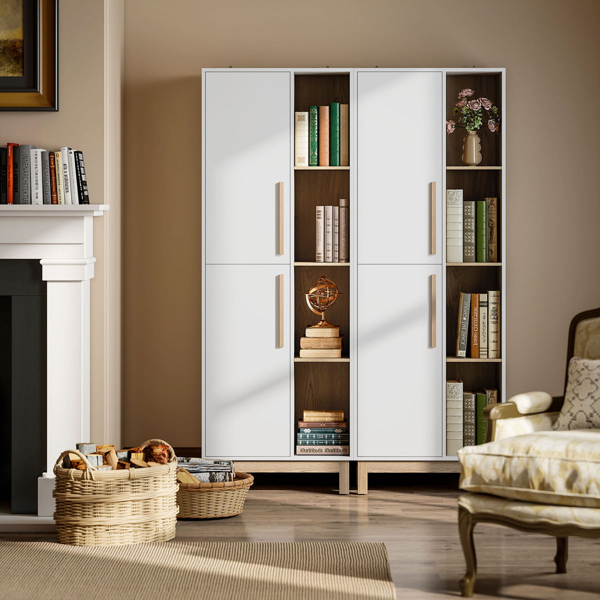 Meuble de Salle de Bain, Meuble de Rangement, 2 Portes, 4 Compartiments Ouverts et Étagères Réglables, Blanc et Naturel-8