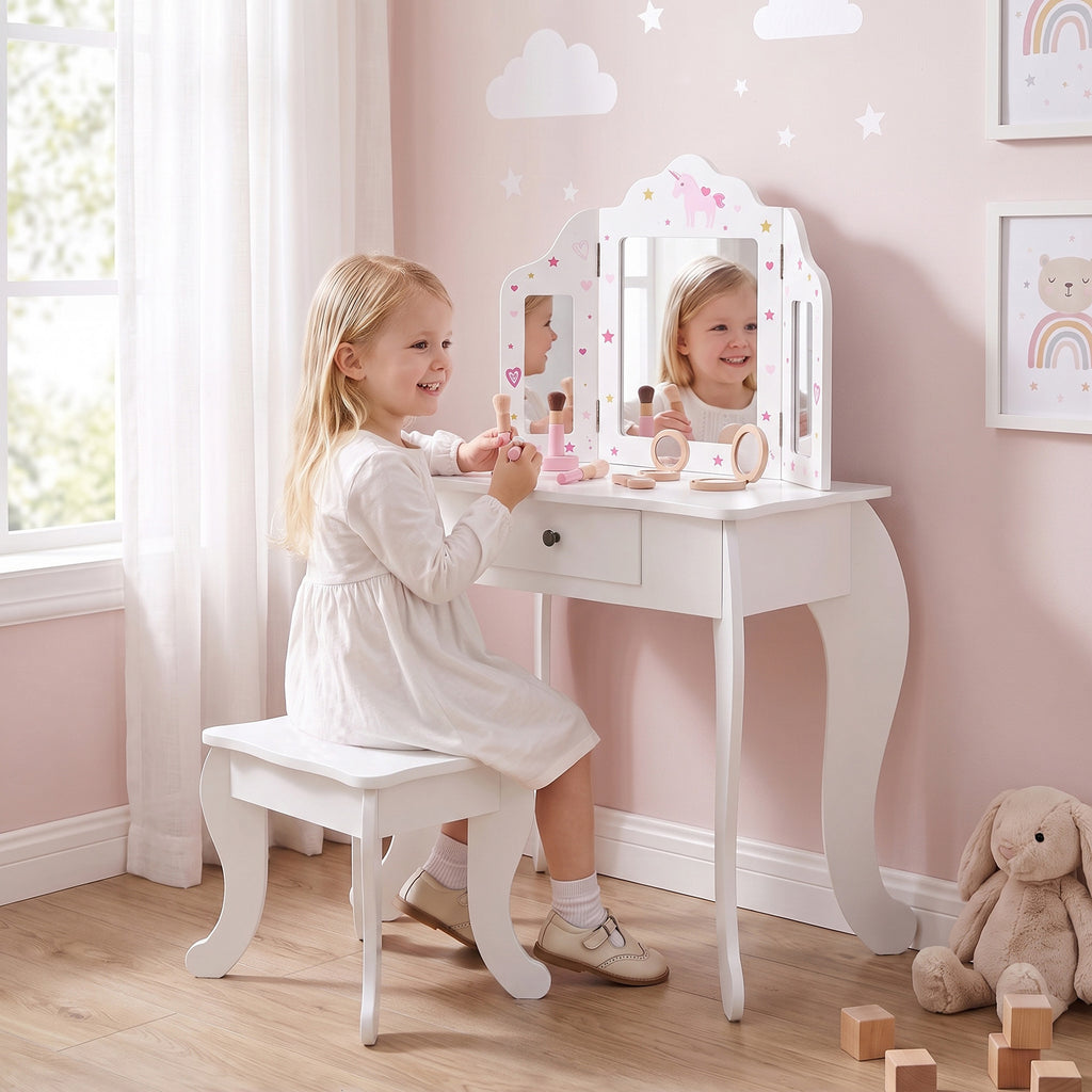 Coiffeuse Enfant avec Tabouret, Miroir triptyque et tiroir Coulissant - Coiffeuse dim. 63L x 40l x 85,5H cm-1