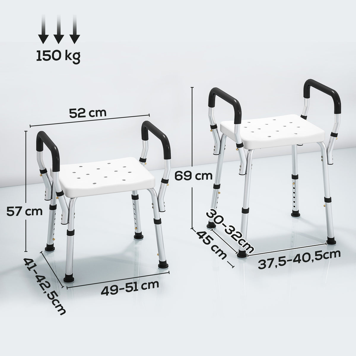 Tabouret de douche pour personnes âgées et handicapées avec accoudoirs, hauteur réglable, patins antidérapants, blanc-2