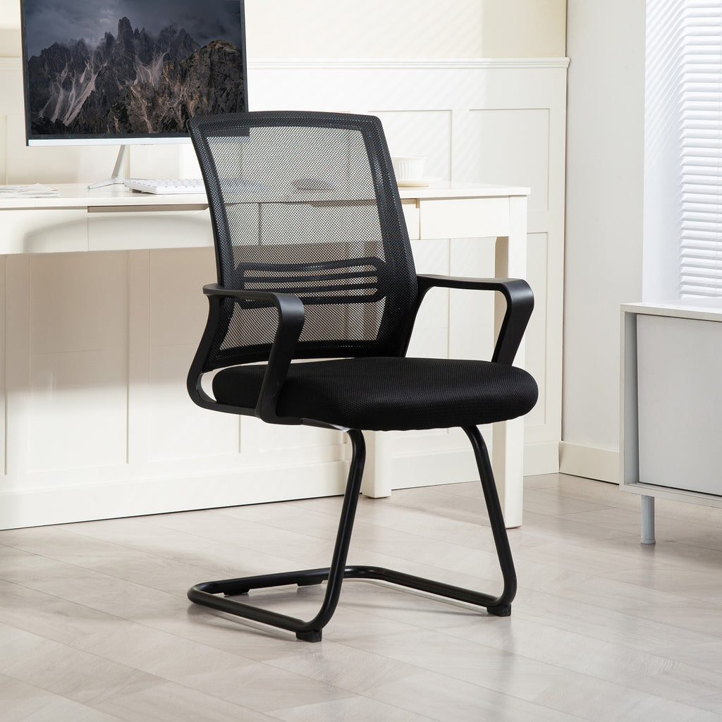 Chaise de bureau en maille sans roulettes, base en traîneau, pour salle de conférence, attente, réception, noir-9