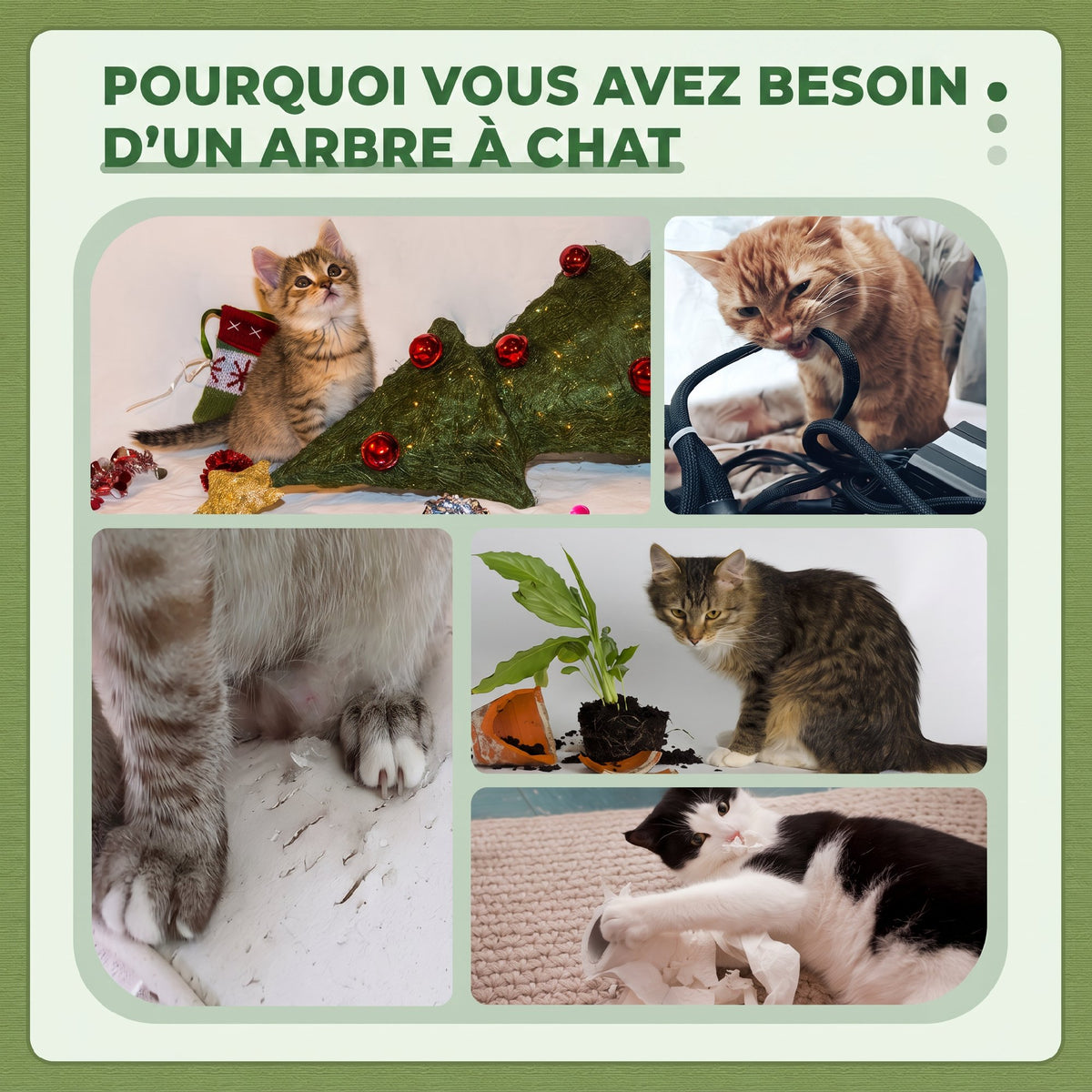 Arbre à Chat avec Griffoir, Centre d'Activités, Plateformes, Coussin, 45 x 45 x 91 cm, Vert et Beige-6