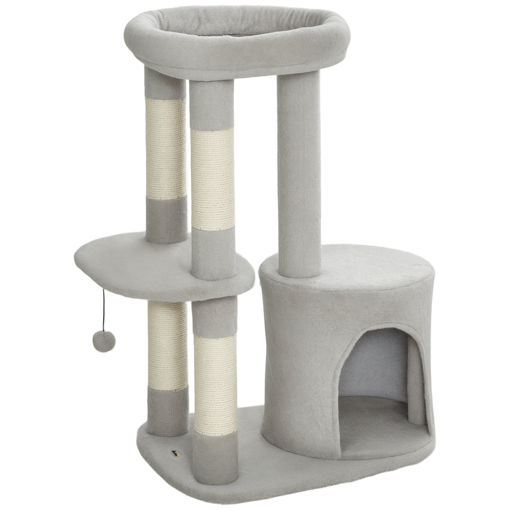 Arbre à chat tour de jeux pour chats griffoirs, plate-forme, niche, balle, tissu peluche, 60 x 45 x 90 cm, gris clair-0