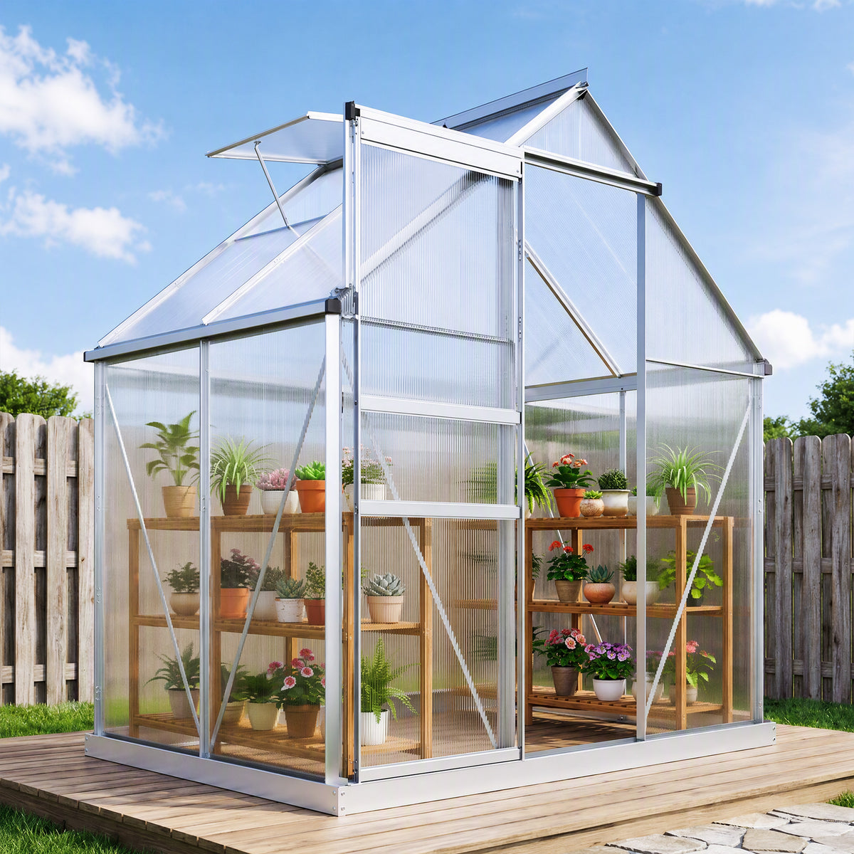 Serre de jardin en aluminium polycarbonate avec fondation, serre avec fenêtre réglable porte coulissante 192,5x131x200cm-9