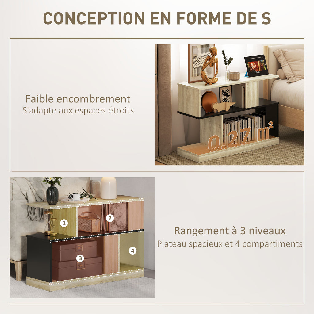 Table d'appoint en forme S, bout de canapé à 3 niveaux étagères de rangement, 90 x 30 x 61 cm, effet bois naturel noir-4