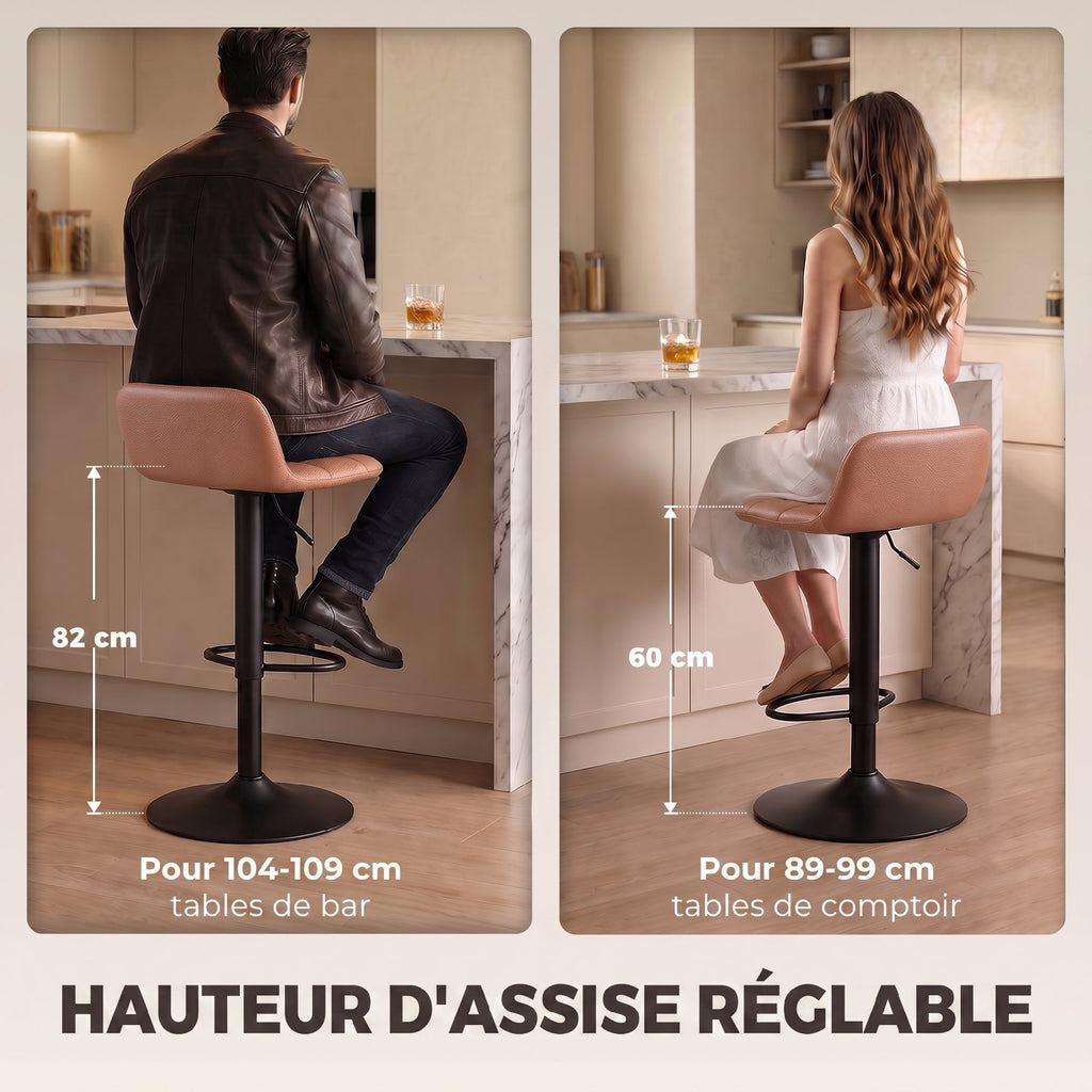 Lot de 2 Tabourets de Bar en Cuir PU, Rétro-Industriel, Hauteur Réglable, Pivotant 360°, 40x41,5x76-98cm, Marron Foncé-6