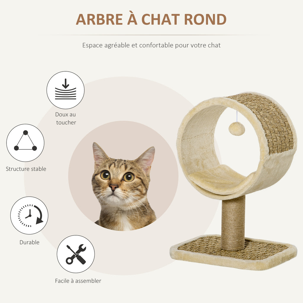 Arbre à chat en cercle avec griffoir en jute et jouet de souris coussin en peluche doux en panneaux de particules 40 x 30 x 56 cm kaki beige café-3