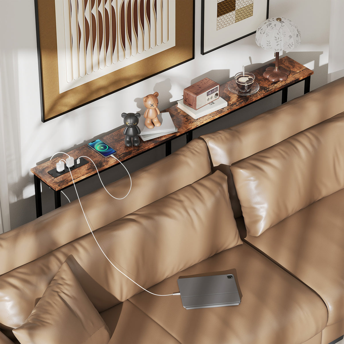 Table console étroite style industriel avec prises de courant et USB, pour salon entrée couloir, 160x20x80cm, marron-5
