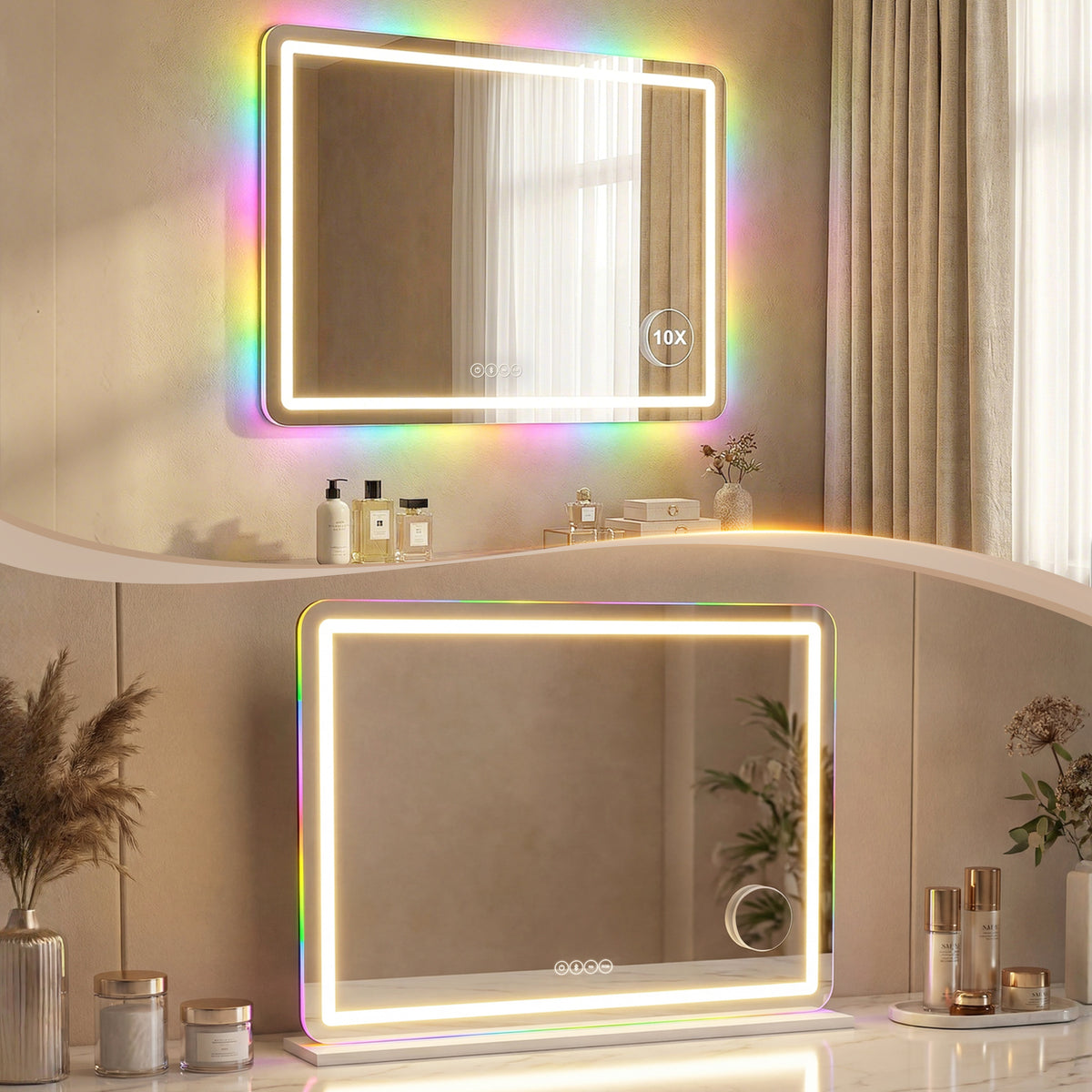 Miroir maquillage lumineux 80x60cm, miroir coiffeuse LED dimmable, lumière RGB, 3 températures de couleur, blanc-8