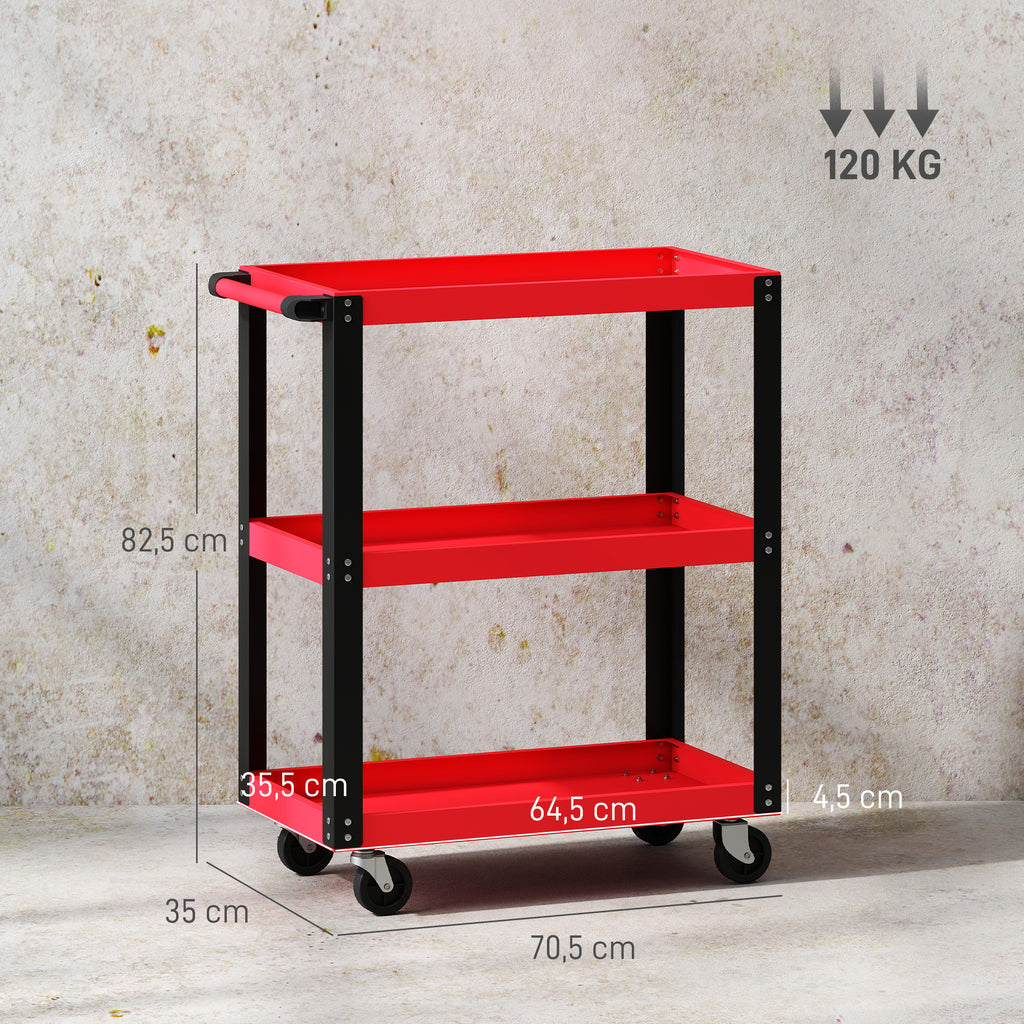 Chariot d'atelier servante atelier à 3 niveaux, poignée latérale et roulettes verrouillables, 70,5x35x82,5cm, rouge-2