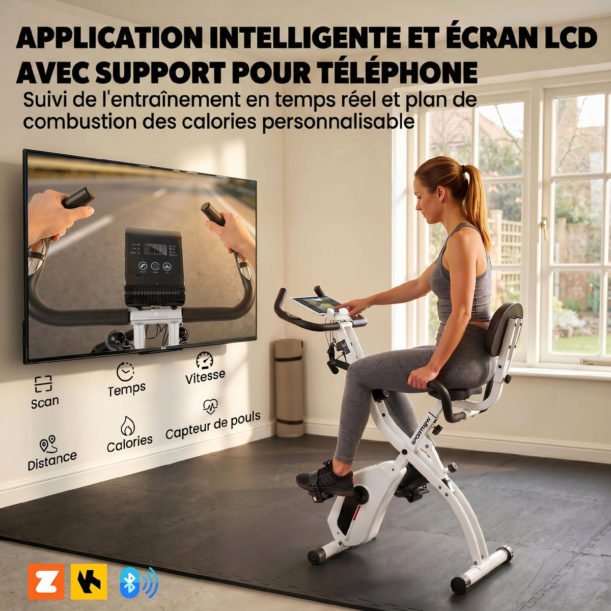 Vélo d'Appartement Pliable Vélo de Fitness 3 en 1 Silencieux Connecté Kinomap Bluetooth et Zwift 105x53,5x109cm Blanc-4