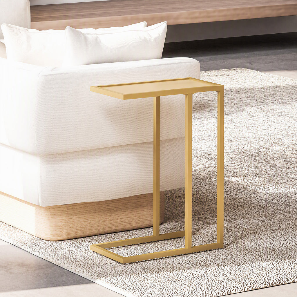Table d'appoint en forme de C avec plateau en verre trempé, cadre en acier, doré-1