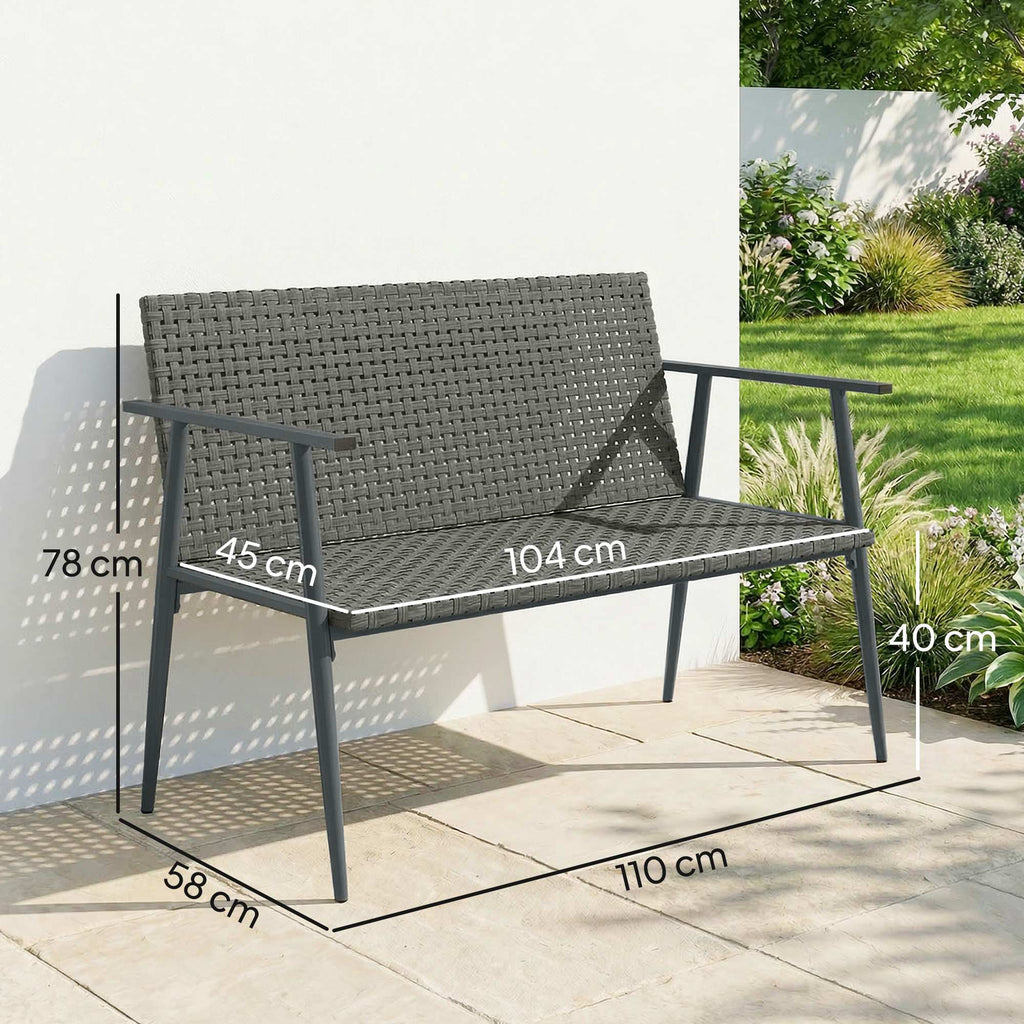 Banc de Jardin 2 places en Résine Tressée et Acier, avec Accoudoirs, Dossiers et Pieds Réglables, 110x58x78cm, Gris-2