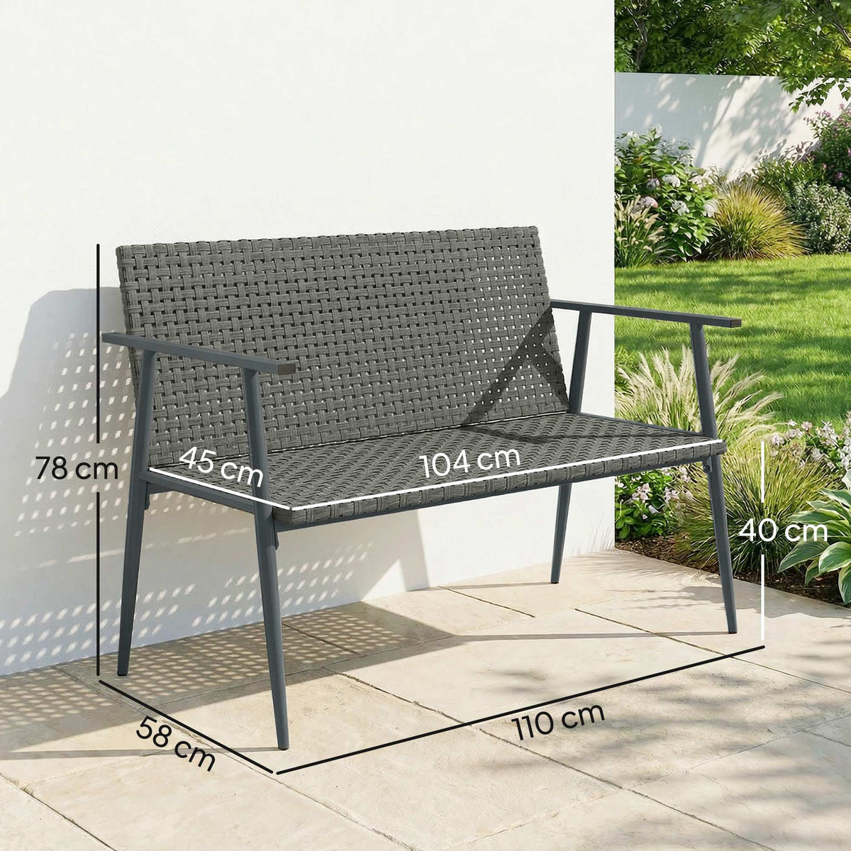 Banc de Jardin 2 places en Résine Tressée et Acier, avec Accoudoirs, Dossiers et Pieds Réglables, 110x58x78cm, Gris-2