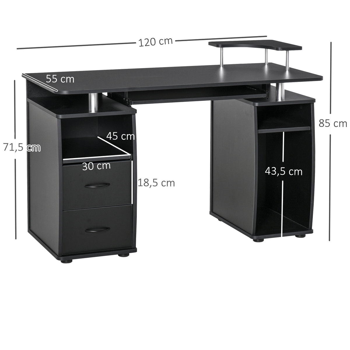 Bureau informatique étagères et tiroir, 120 x 50 x 85 cm, bureau d'ordinateur avec rangement support imprimant et clavier, table d'étude pour chambre, bureau, noir-2