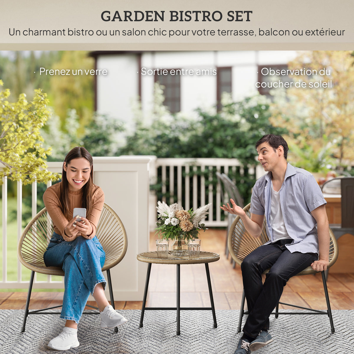 Salon de jardin extérieur en résine tressée 2 personnes, plateau en verre trempé, pour balcon terrasse patio, naturel-3