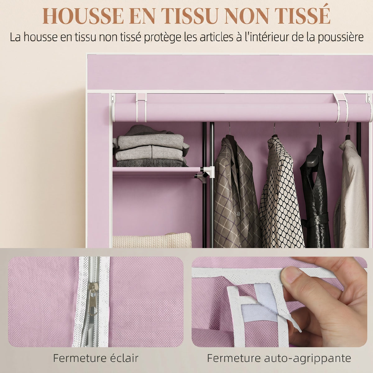 Armoire penderie en tissu meuble de rangement 6 roulettes tringle à vêtements et étagères ouvertes 103x43x166,5cm rose-4
