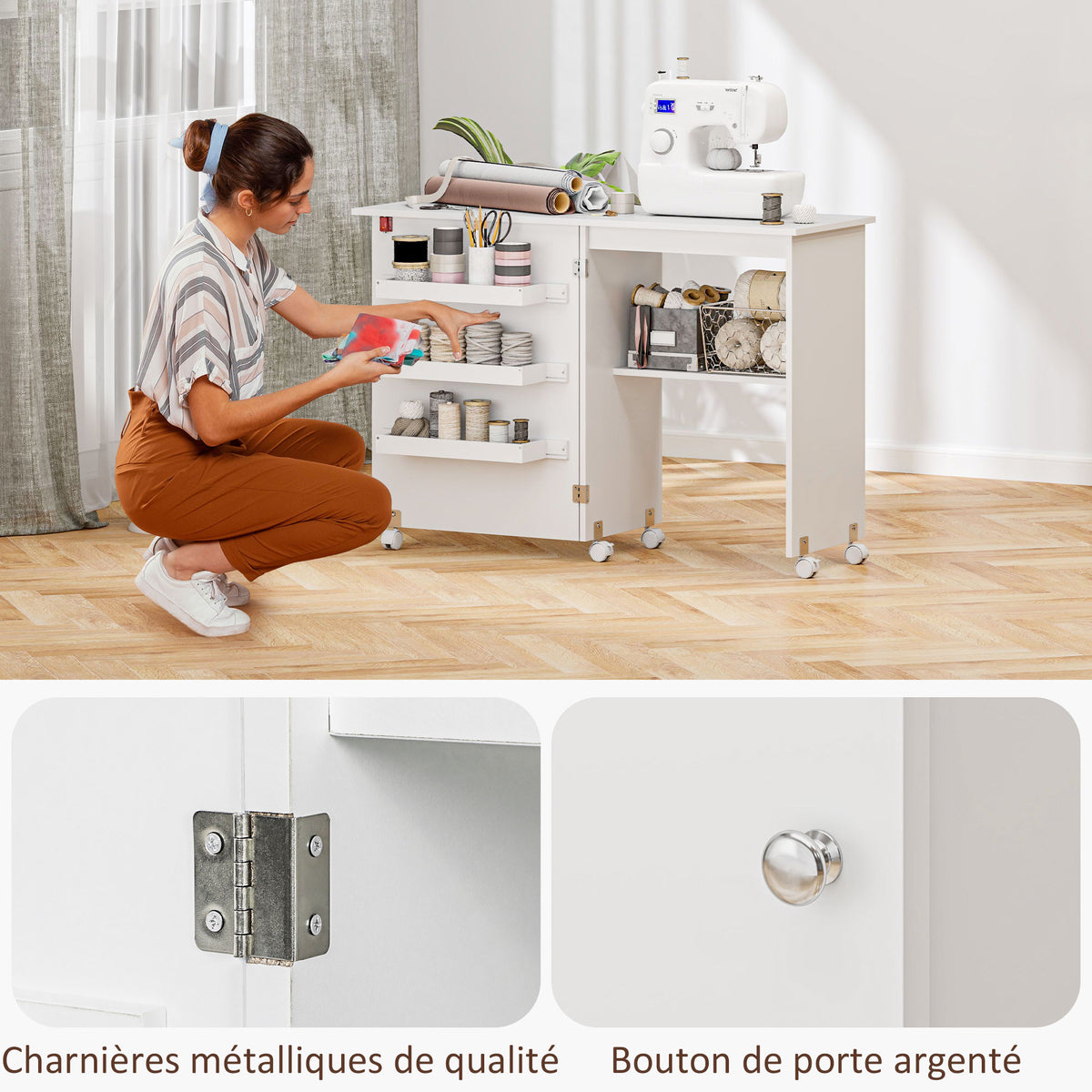 Table de couture pliante meuble couture à abattant avec bacs de rangement, étagère ouverte et roulettes, blanc-8