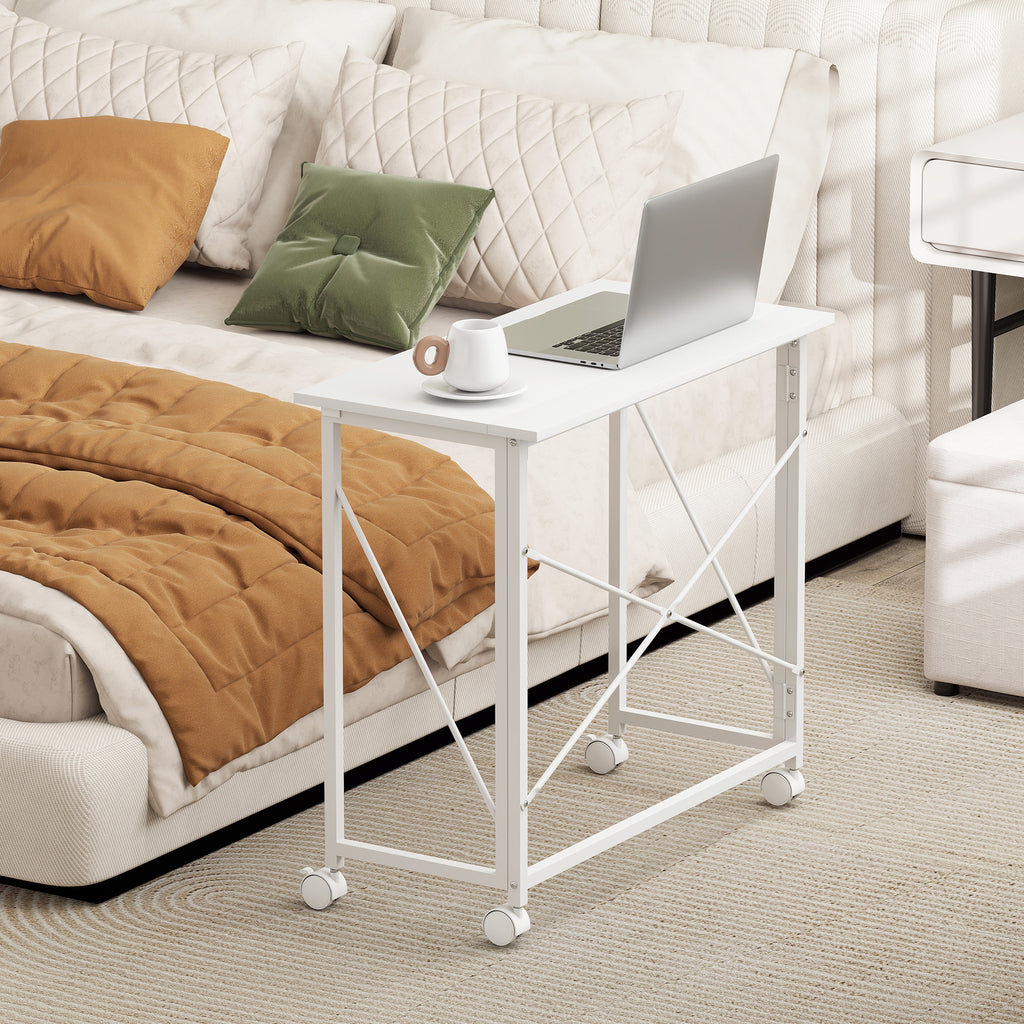 Bureau pliant table d'ordinateur 80 x 40 cm sur roulettes pour bureau à domicile, chambre, petits espaces, blanc-7