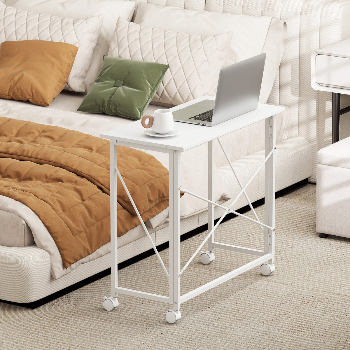 Bureau pliant table d'ordinateur 80 x 40 cm sur roulettes pour bureau à domicile, chambre, petits espaces, blanc-7