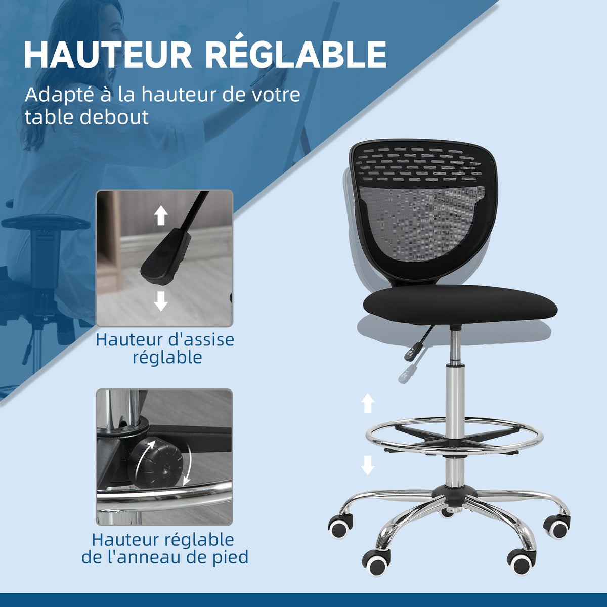 Chaise de bureau ergonomique en maille, chaise de dessin, hauteur et repose-pieds réglable, 59 x 59 x 106-126 cm, noir-4