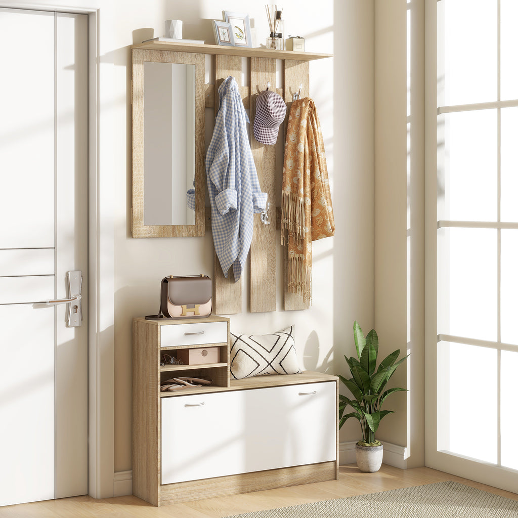 Meuble d'entrée vestiaire avec panneau porte-manteau, miroir et banc à chaussures - 6 crochets et étagère réglable-1