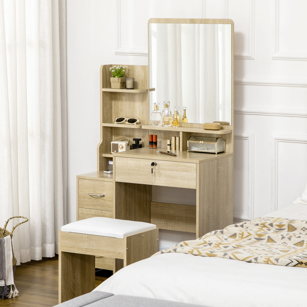 Ensemble de coiffeuse table de maquillage avec tabouret rembourré grand miroir + plusieurs étagères ouvertes + 4 tiroirs bois naturel-1