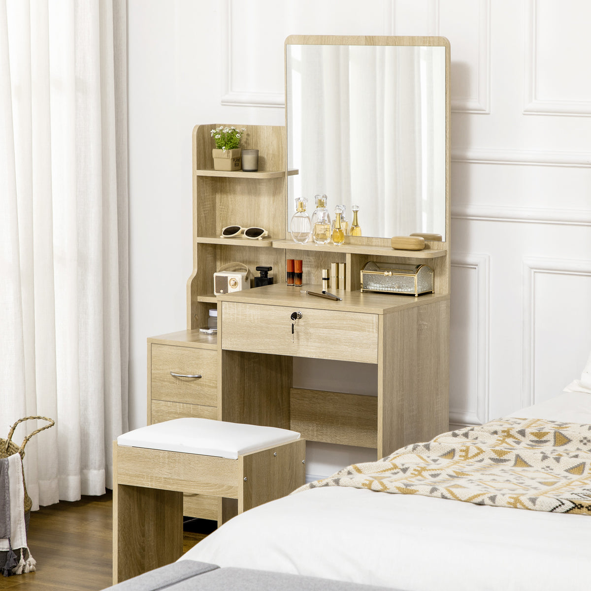 Ensemble de coiffeuse table de maquillage avec tabouret rembourré grand miroir + plusieurs étagères ouvertes + 4 tiroirs bois naturel-1