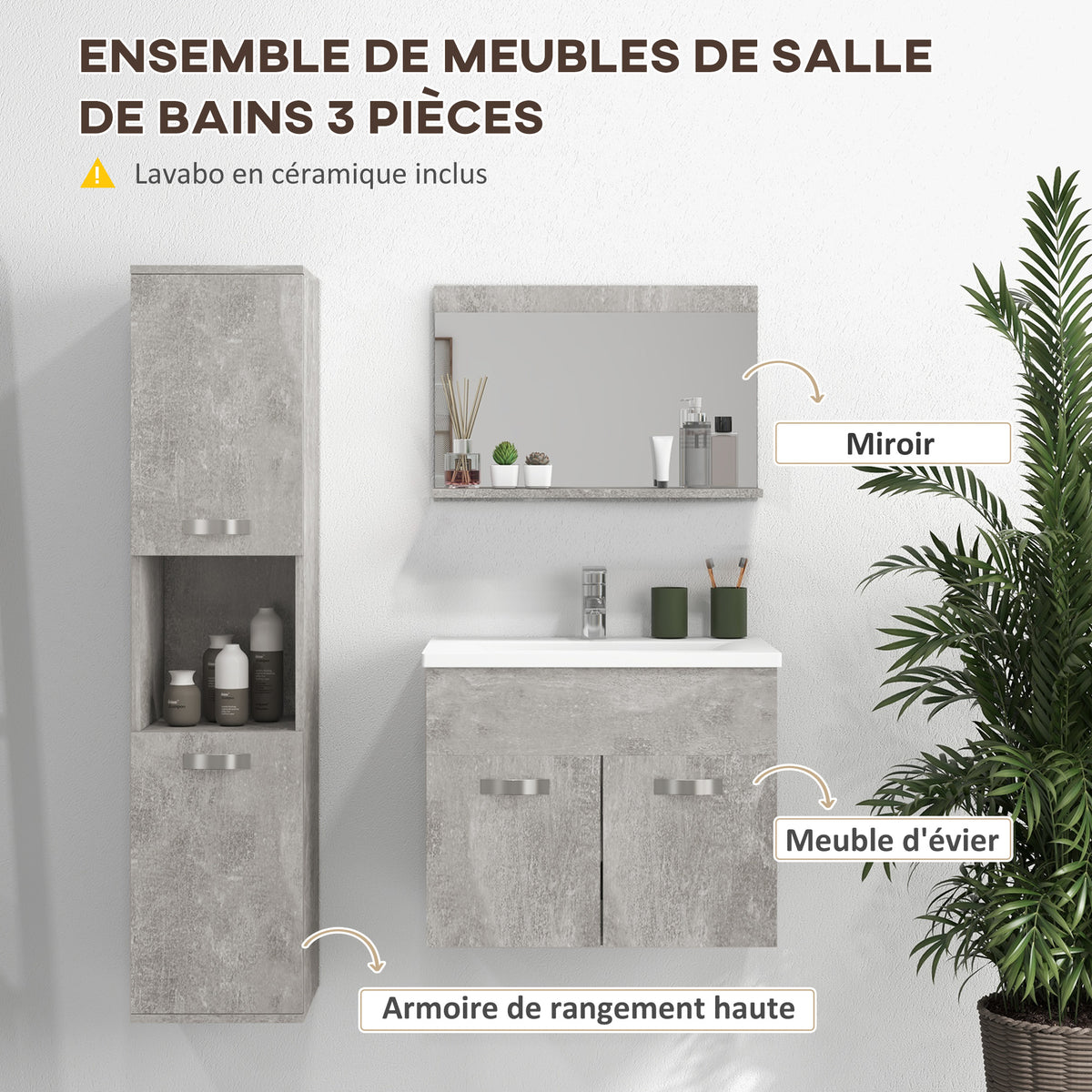 Ensemble de Meubles de Salle de Bain 4 Pièces, Mural, avec Miroir, Meuble sous Vasque, Lavabo et Armoire Haute, gris-3