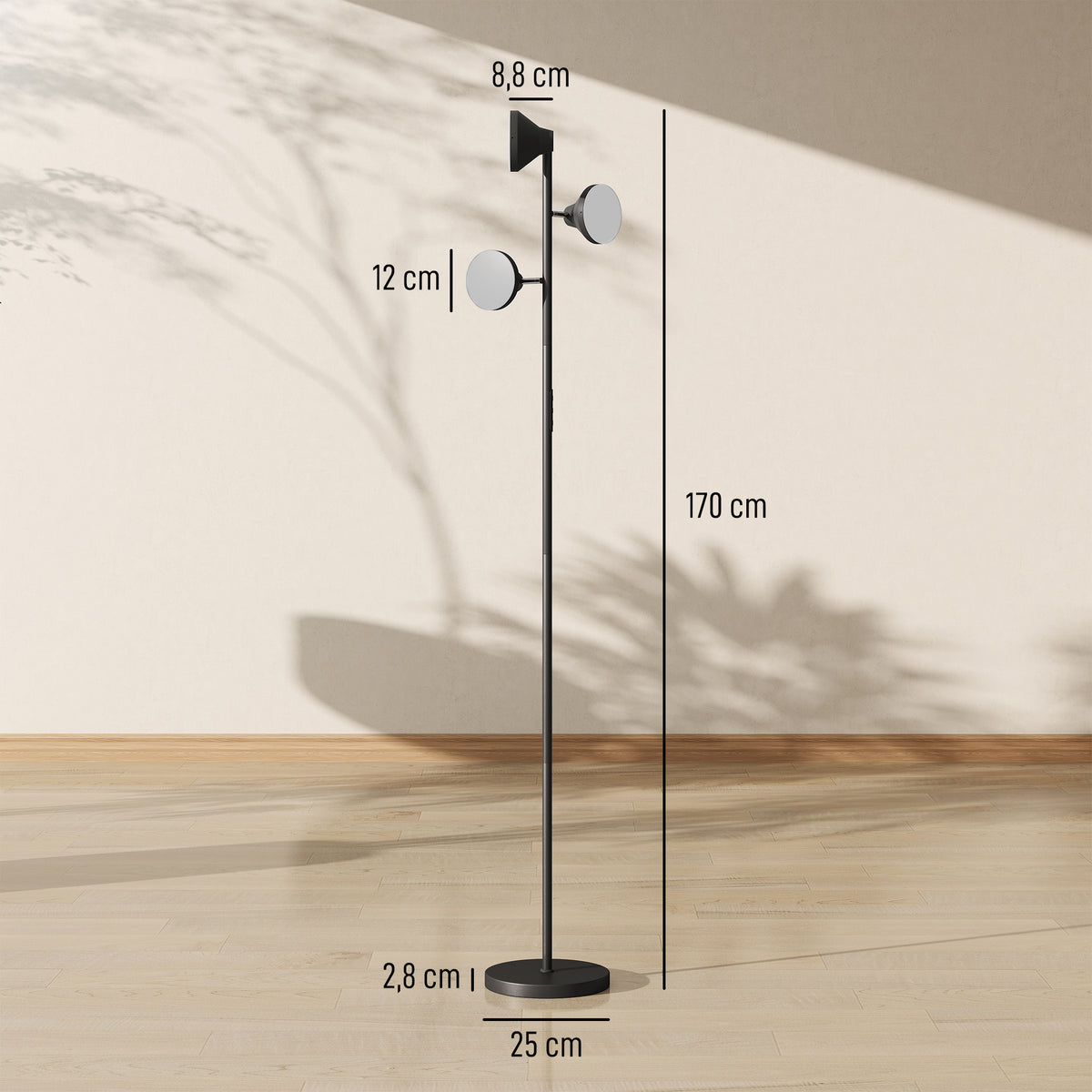 Lampadaire LED lampadaires sur pied salon dimmable 2700K-6000K 4150 lm 3 têtes rotatives Ø 25 x 170 cm noir-2