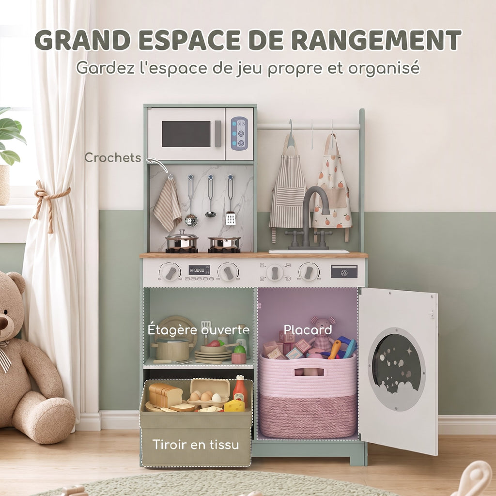 Cuisine enfant jouet d'imitation, dinette enfant avec cuisinière, évier, micro-ondes, 5 accessoires, vert-4