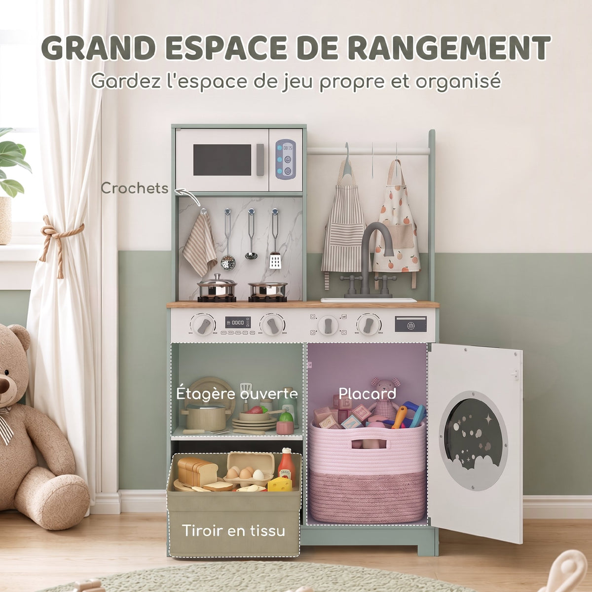 Cuisine enfant jouet d'imitation, dinette enfant avec cuisinière, évier, micro-ondes, 5 accessoires, vert-4