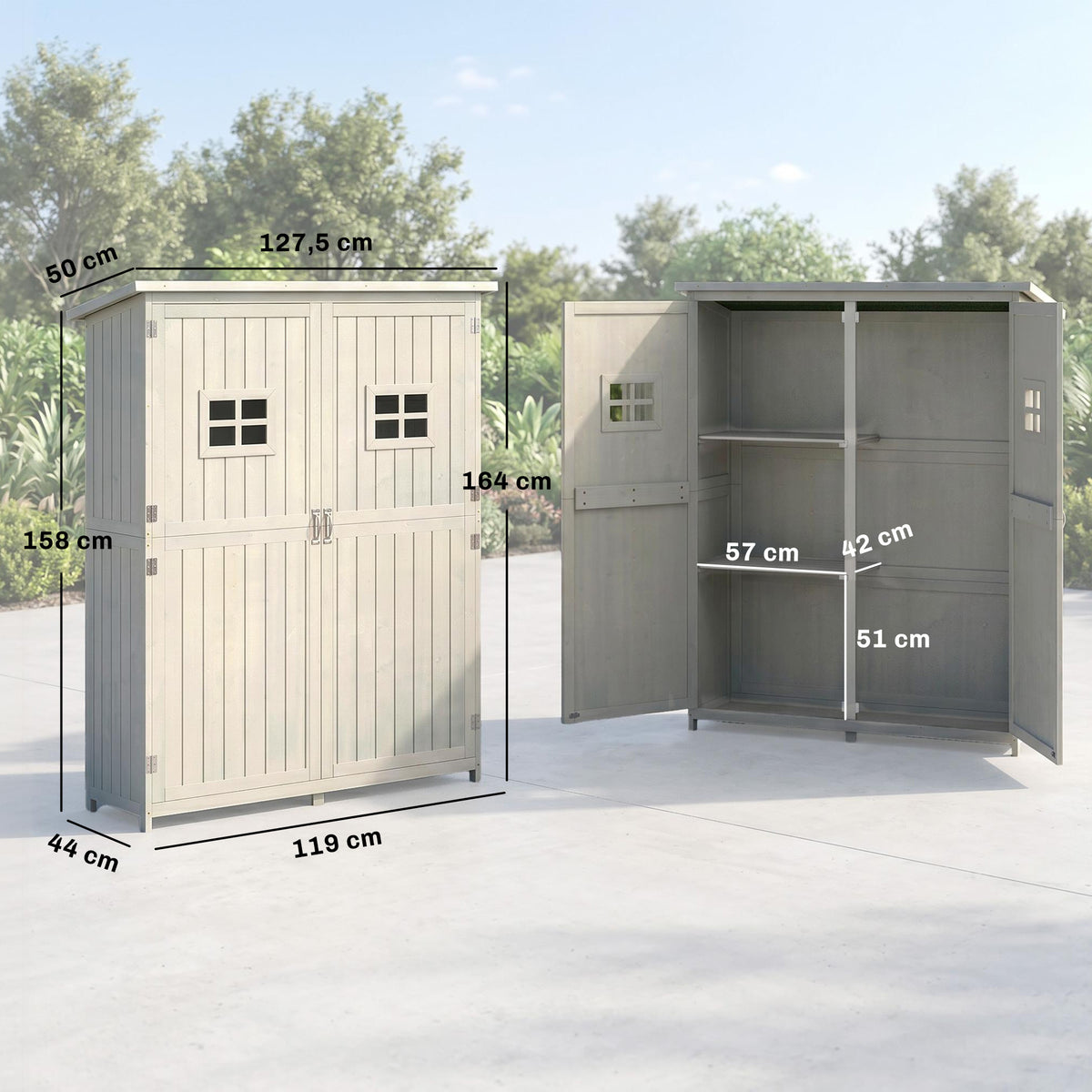 Abri de Jardin en bois Armoire de Jardin dim. 127,5L x 50l x 164H cm 2 étagères 2 Portes 2 fenêtres Toit bitumé étanche Bois Massif Sapin pré-huilé Gris-2