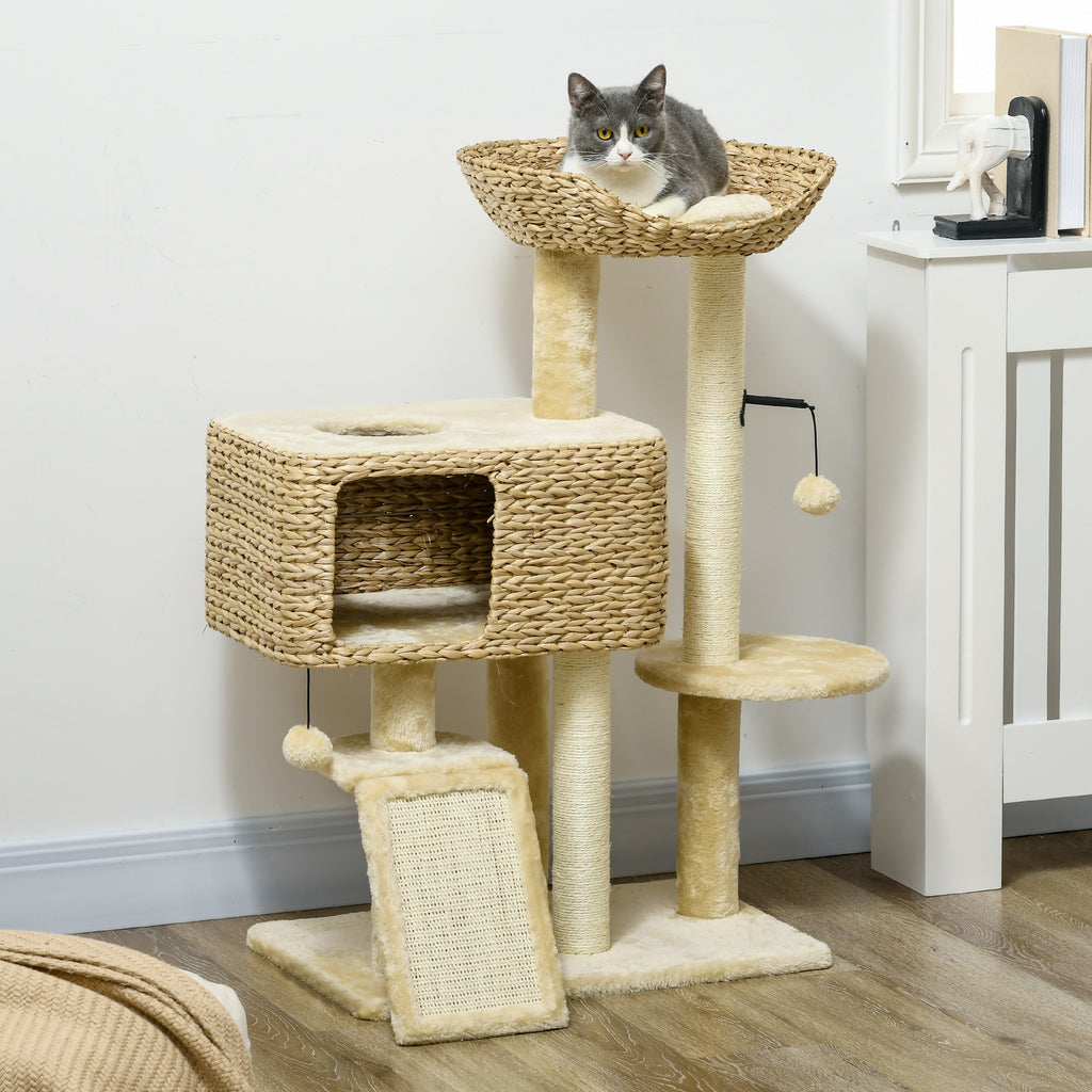 Arbre à chat avec griffoir niche panier d'observation plateformes pompon suspendus 60 x 40 x 98 cm beige-1