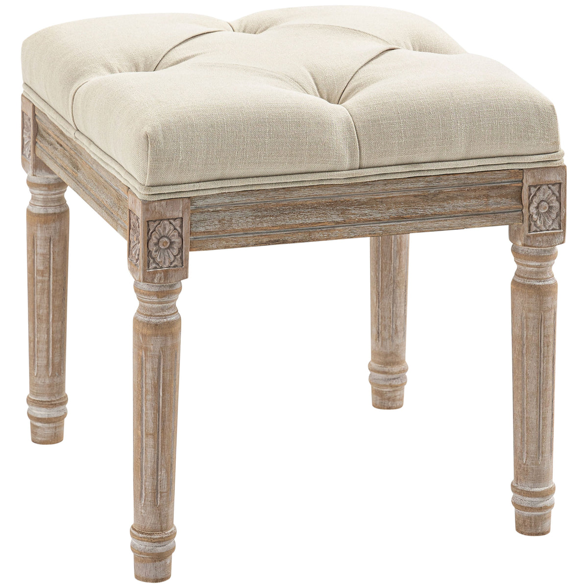 Repose pied salon, ottoman, siège rembourré en tissu aspect lin avec pieds en bois d'hévéa, 40 x 40 x 43 cm, beige-0