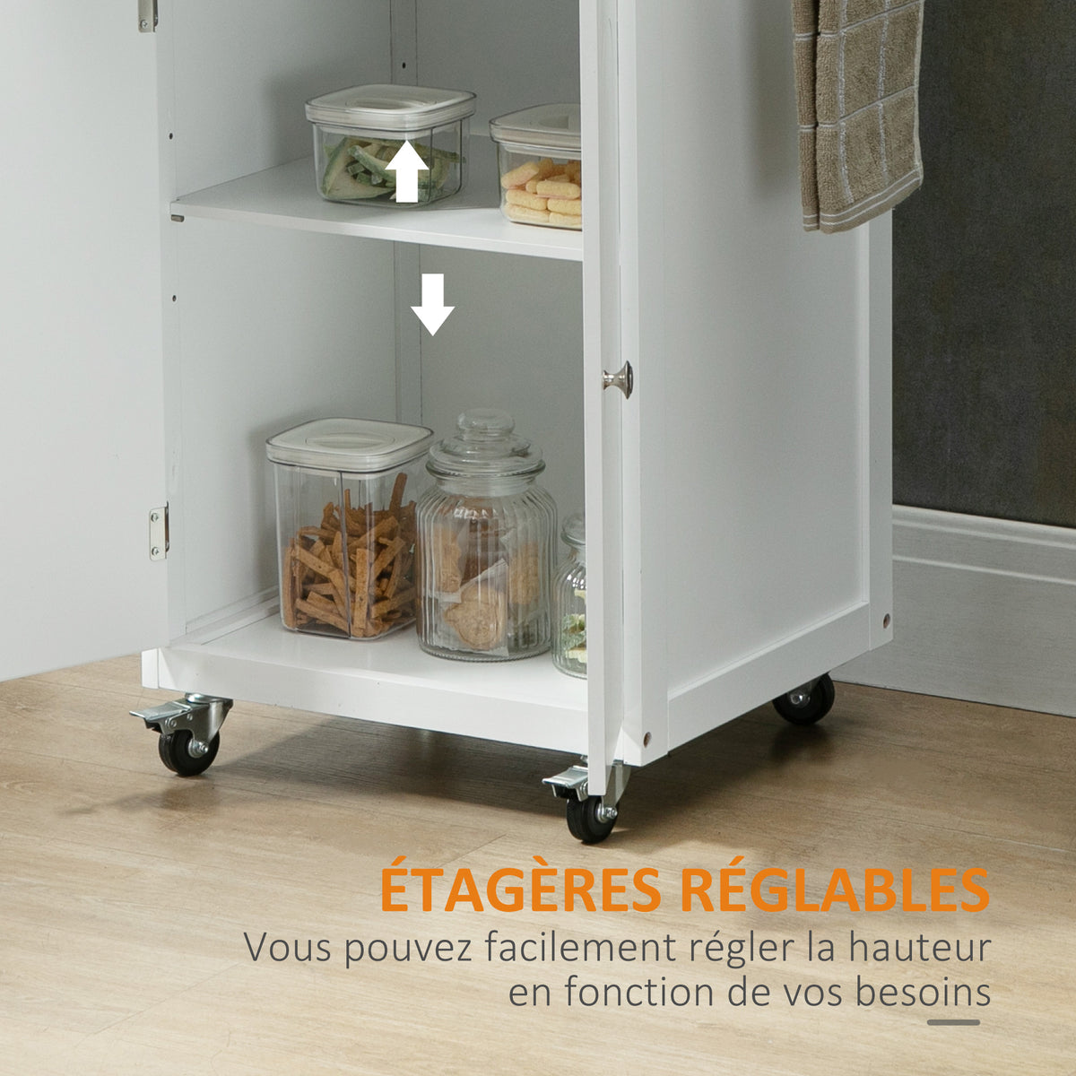 Chariot de service desserte de cuisine à roulettes multi-rangements 1 tiroir placard 2 portes acier inoxydable-6