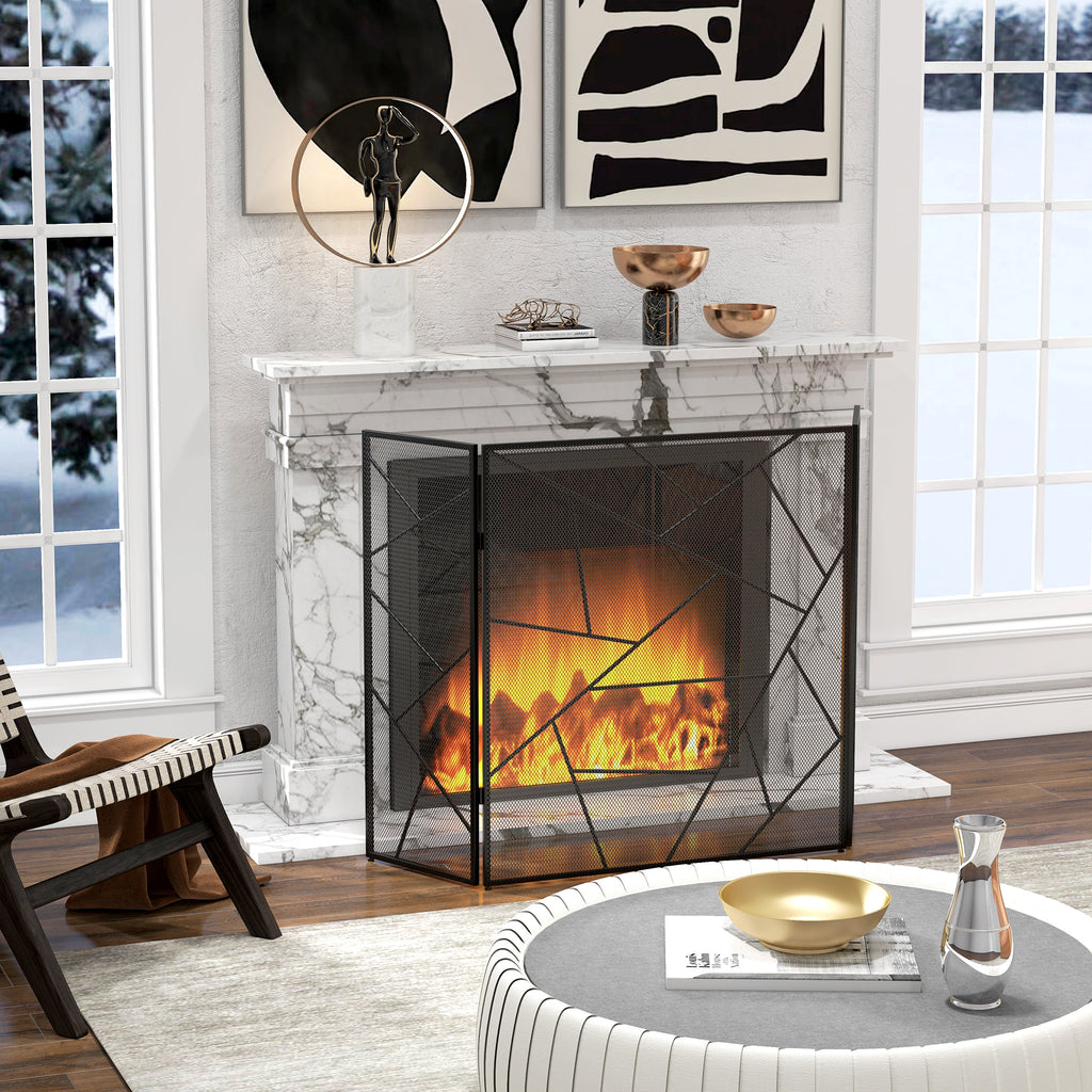 Pare feu cheminée pliable 3 panneaux en acier avec décor géométrique et pieds antidérapants, 135l x 1,2P x 85H cm, noir-9