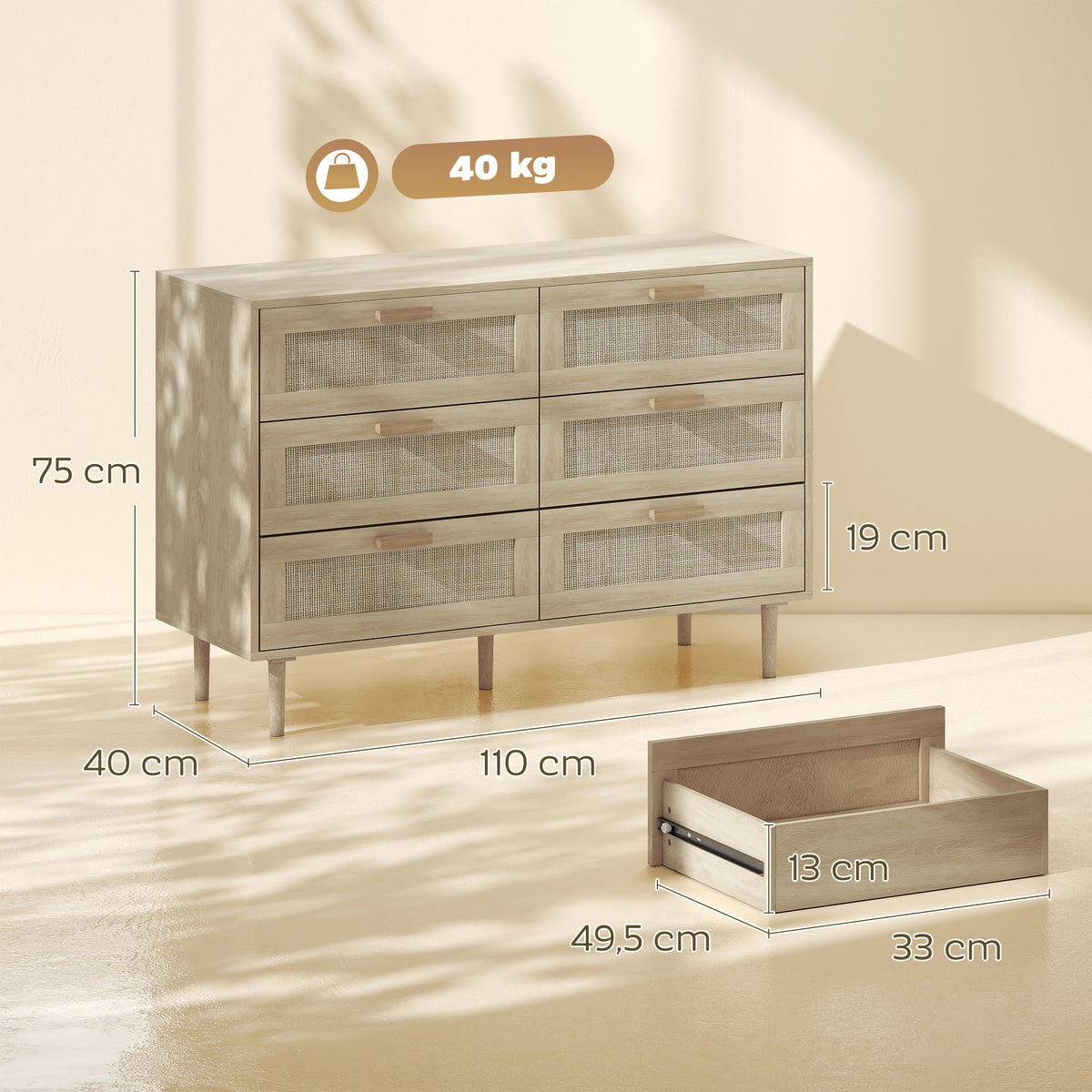Commode 6 tiroirs meuble de rangement avec tissage en rotin dim. 110L x 40l x 75H cm Aspect Bois Clair-2