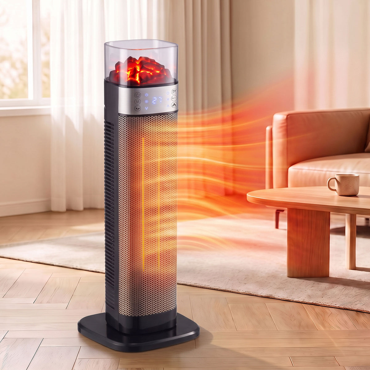 Chauffage d'Appoint Céramique 2000W, Radiateur Électrique Connecté Wi-Fi, App & Vocale, 5 Modes, Effet Flamme 3D, Noir-1
