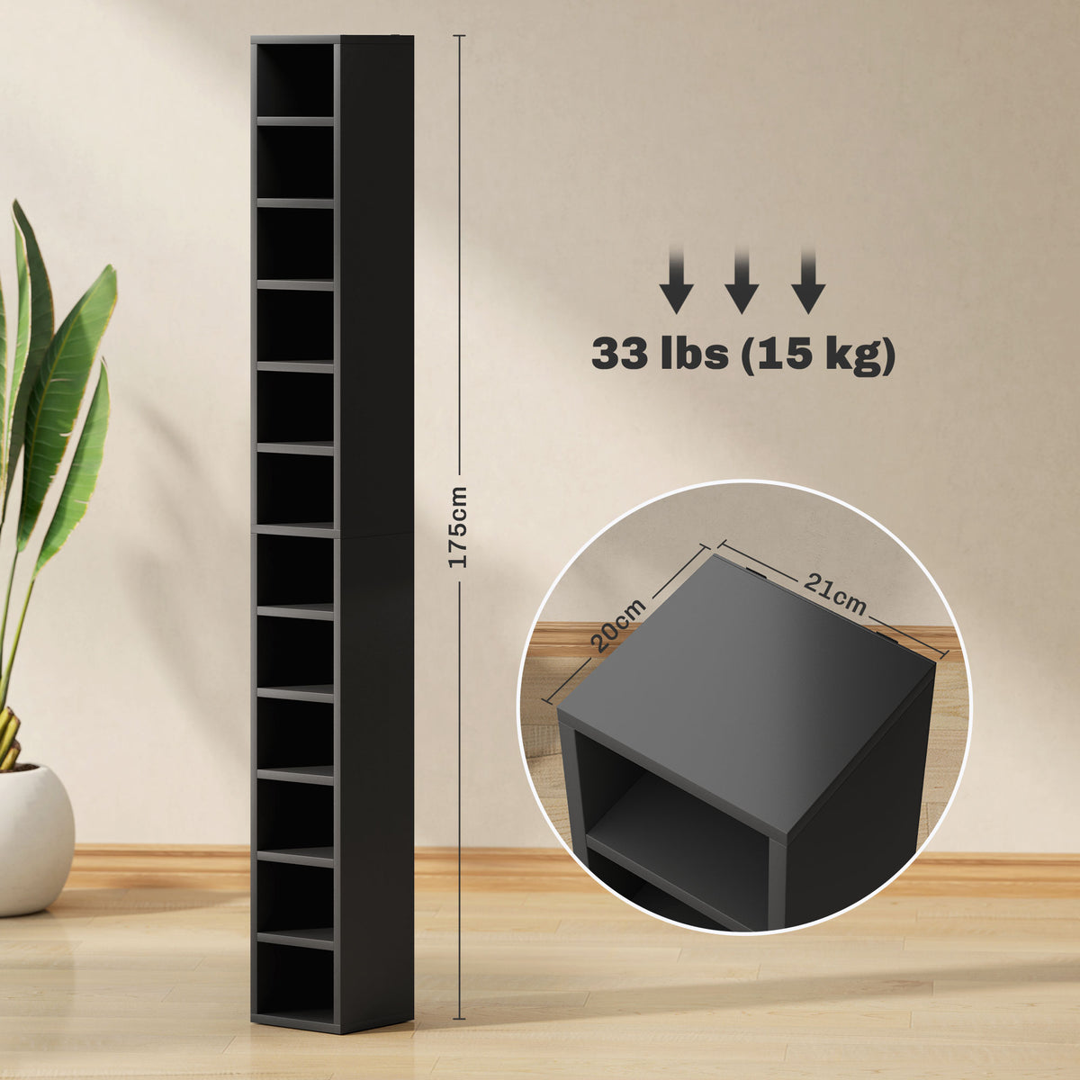 Rangements pour CD et DVD avec 12 compartiments, capacité max. 204 CD, 21 x 20 x 175 cm, noir-2