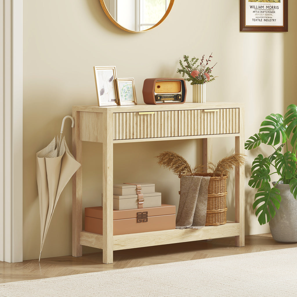 Console meuble 90 cm, table console étroite avec 2 tiroirs rainurés et étagère, style moderne, bois naturel-9