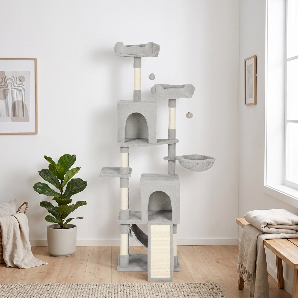 Arbre à chat tour de jeux pour chat 3 platesformes 2 niches 2 lits 2 hamacs 1 échelle hauteur 177 cm gris clair-1