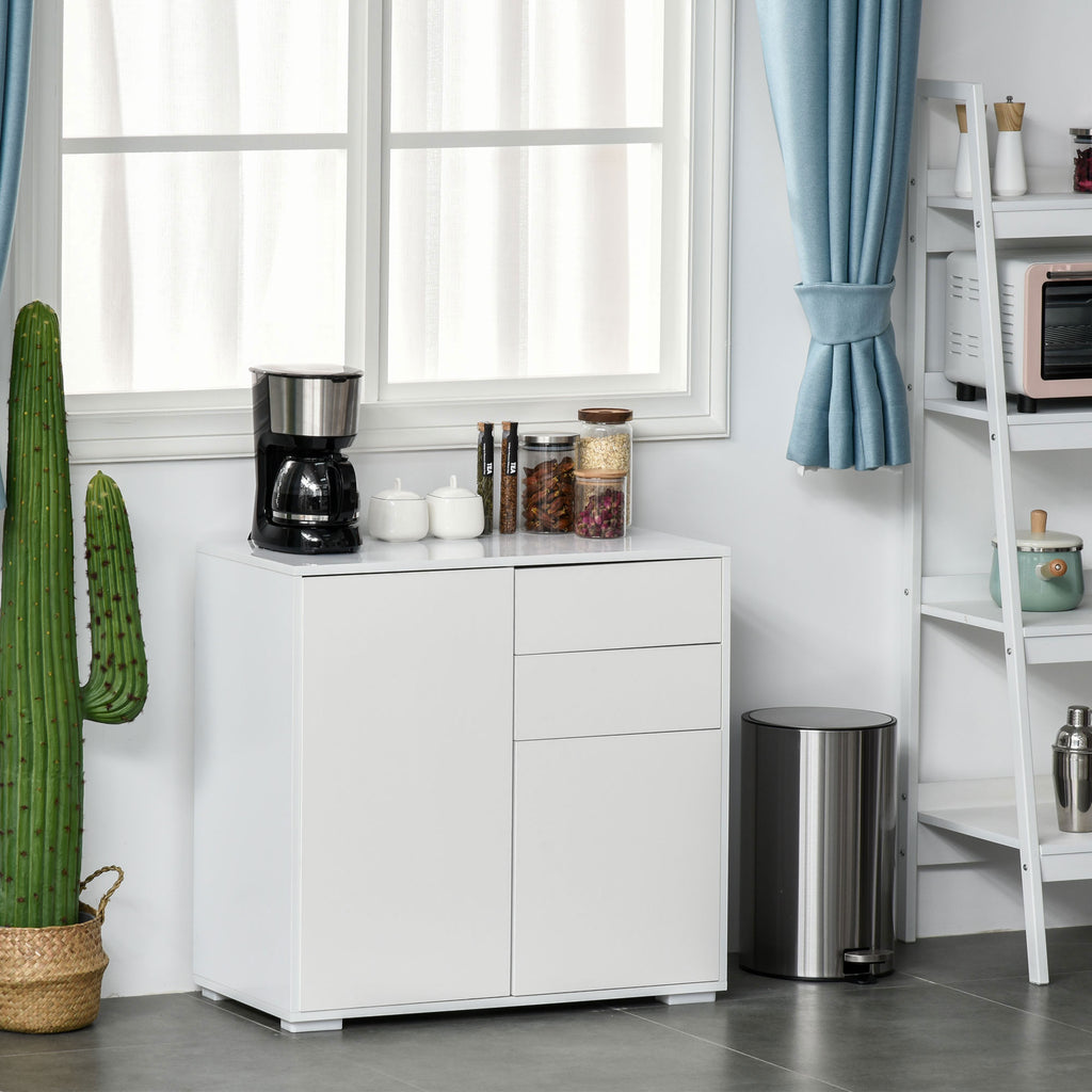 Meuble rangement buffet commode armoire 2 tiroirs 2 placards portes, étagères chambre, 79x36x74cm blanc-7
