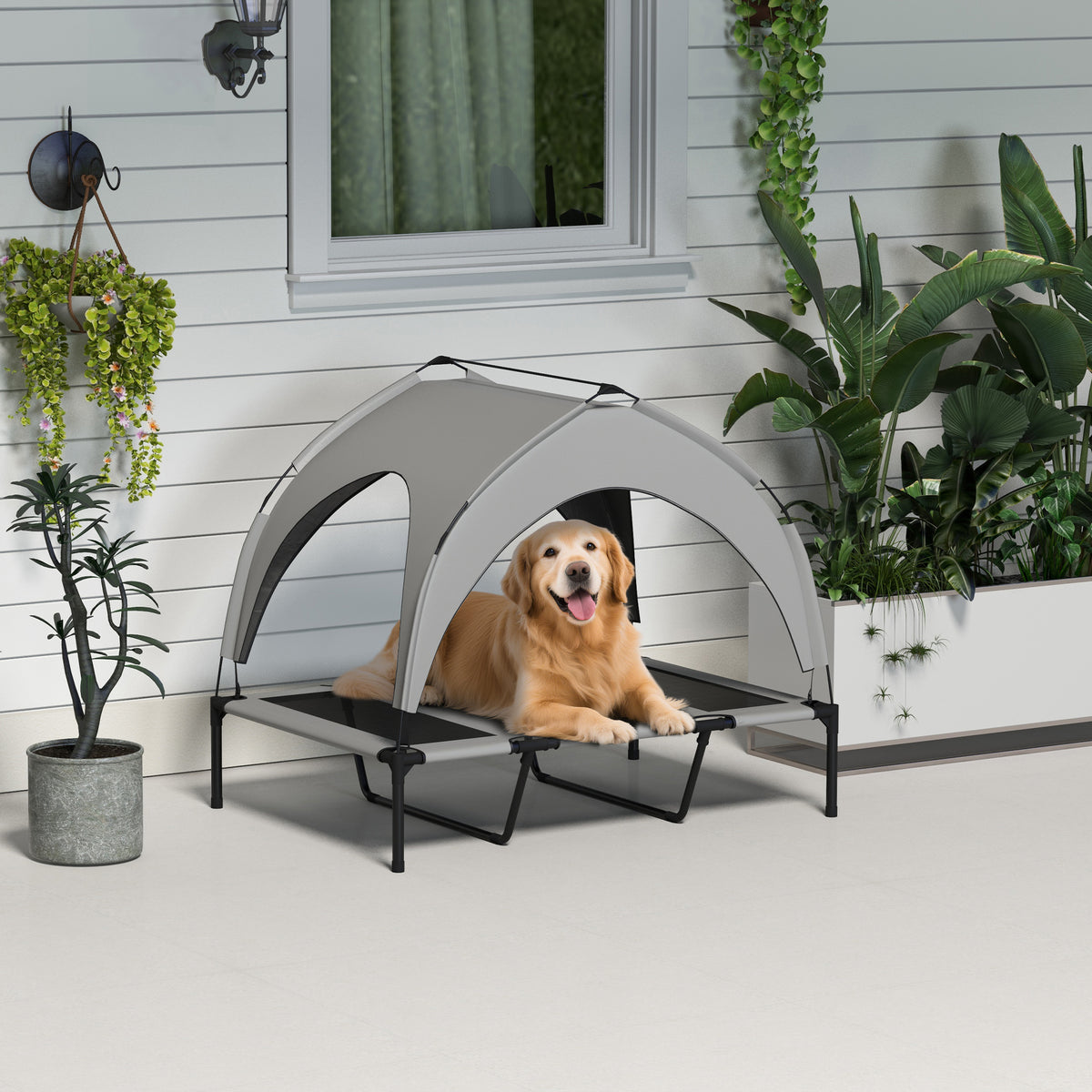 Lit pour chien chat sur pieds grand confort velum anti-UV oxford sac de transport inclus106 x 76 x 94 cm gris-9