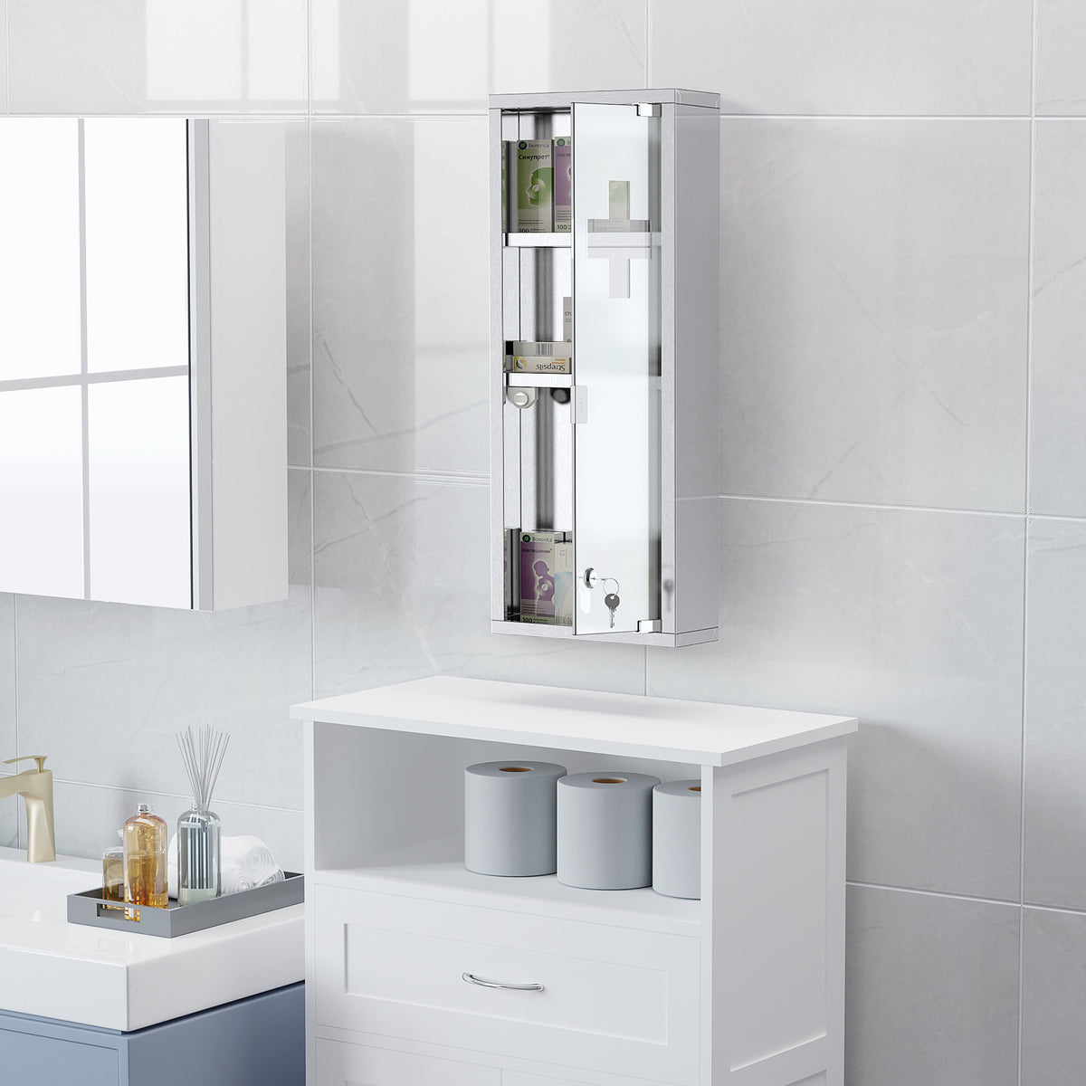 Armoire à Pharmacie 2 étagères 3 Niveaux 20L x 12l x 58H cm Porte Verre trempé Symbole Croix Acier INOX.-1