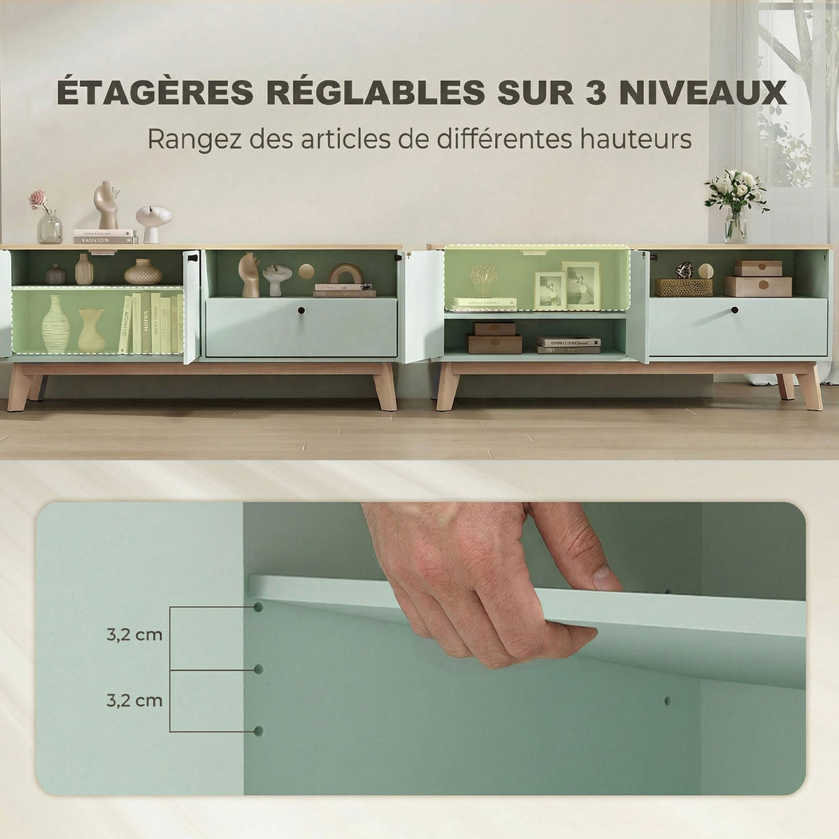 Meuble TV 120 cm, meuble télé pour téléviseur jusqu'à 36 pouces avec 2 portes, tiroir, compartiment ouvert, vert clair-4