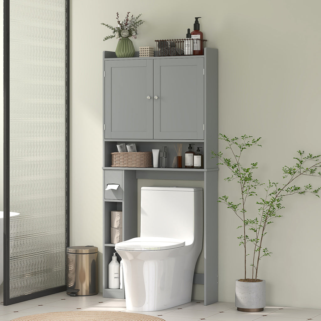 Meuble WC dessus de toilette ou machine à laver, 2 portes, 3 compartiments, porte-papier toilette, 80x19,5x170cm, gris-9