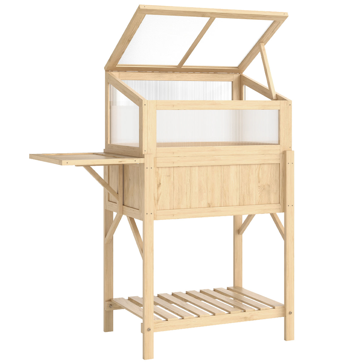Carré potager sur pieds avec serre, jardinière surélevée, table latérale pliante et étagère, 104x50x120cm, bois naturel-0