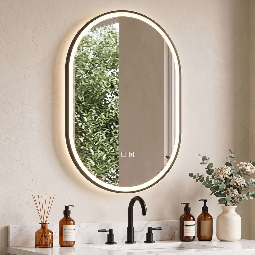 Miroir Salle de Bain Bluetooth avec Éclairage LED 100x70cm Dimmable 3 Couleurs, Interrupteur Tactile, Anti-Buée, Noir-1