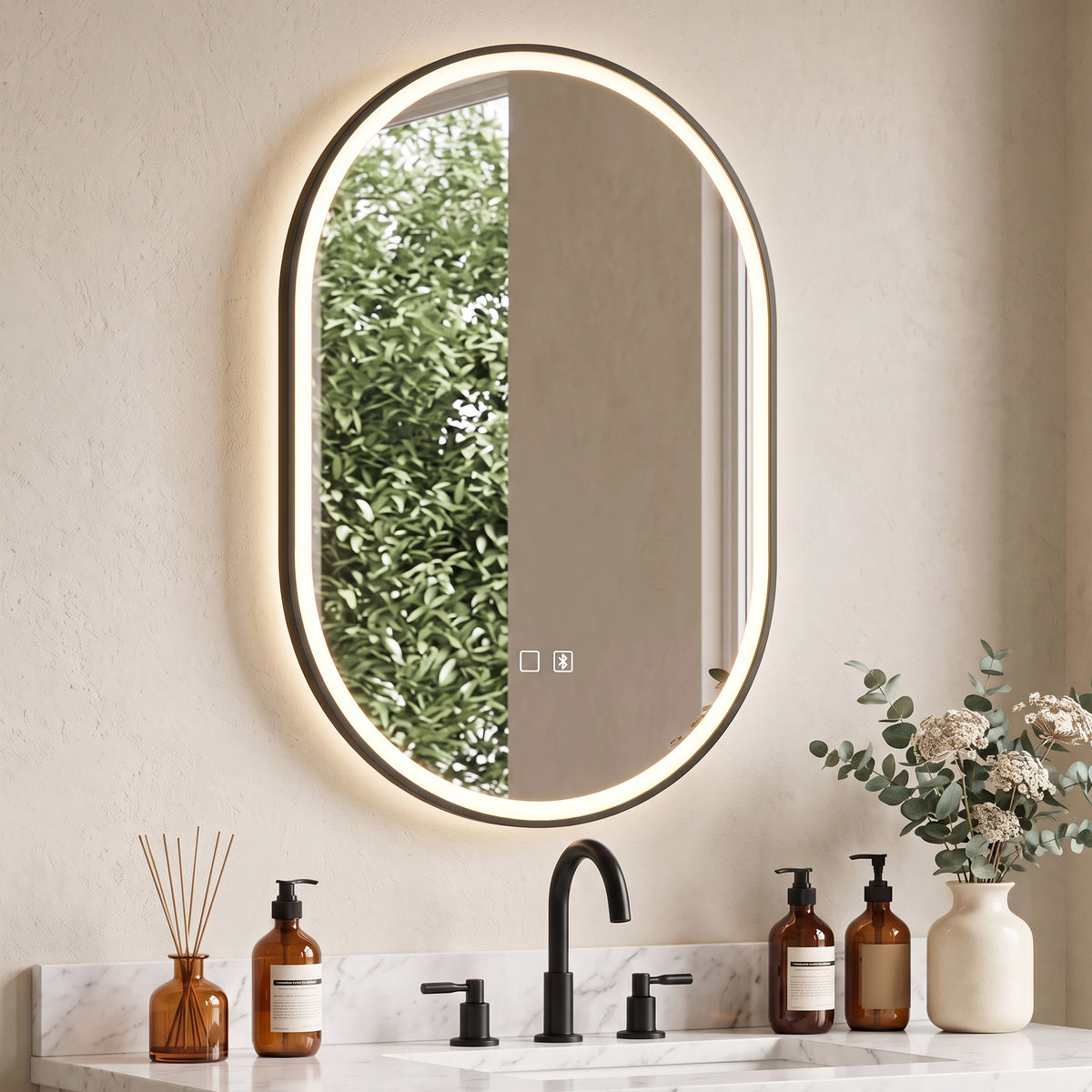 Miroir Salle de Bain Bluetooth avec Éclairage LED 100x70cm Dimmable 3 Couleurs, Interrupteur Tactile, Anti-Buée, Noir-1