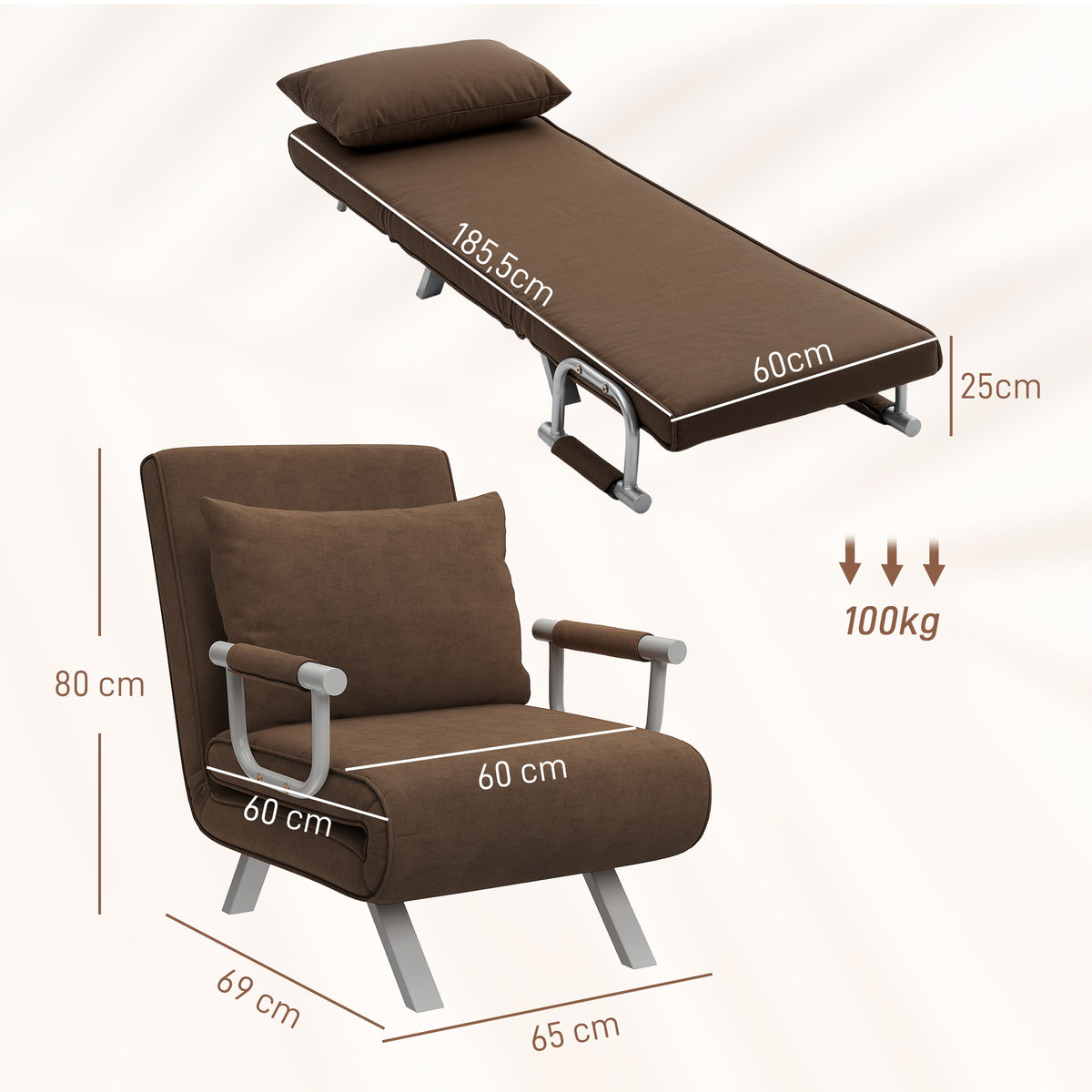 Fauteuil chauffeuse canapé-lit Convertible 1 Place déhoussable Grand Confort Coussin Pieds accoudoirs métal suède Marron-2